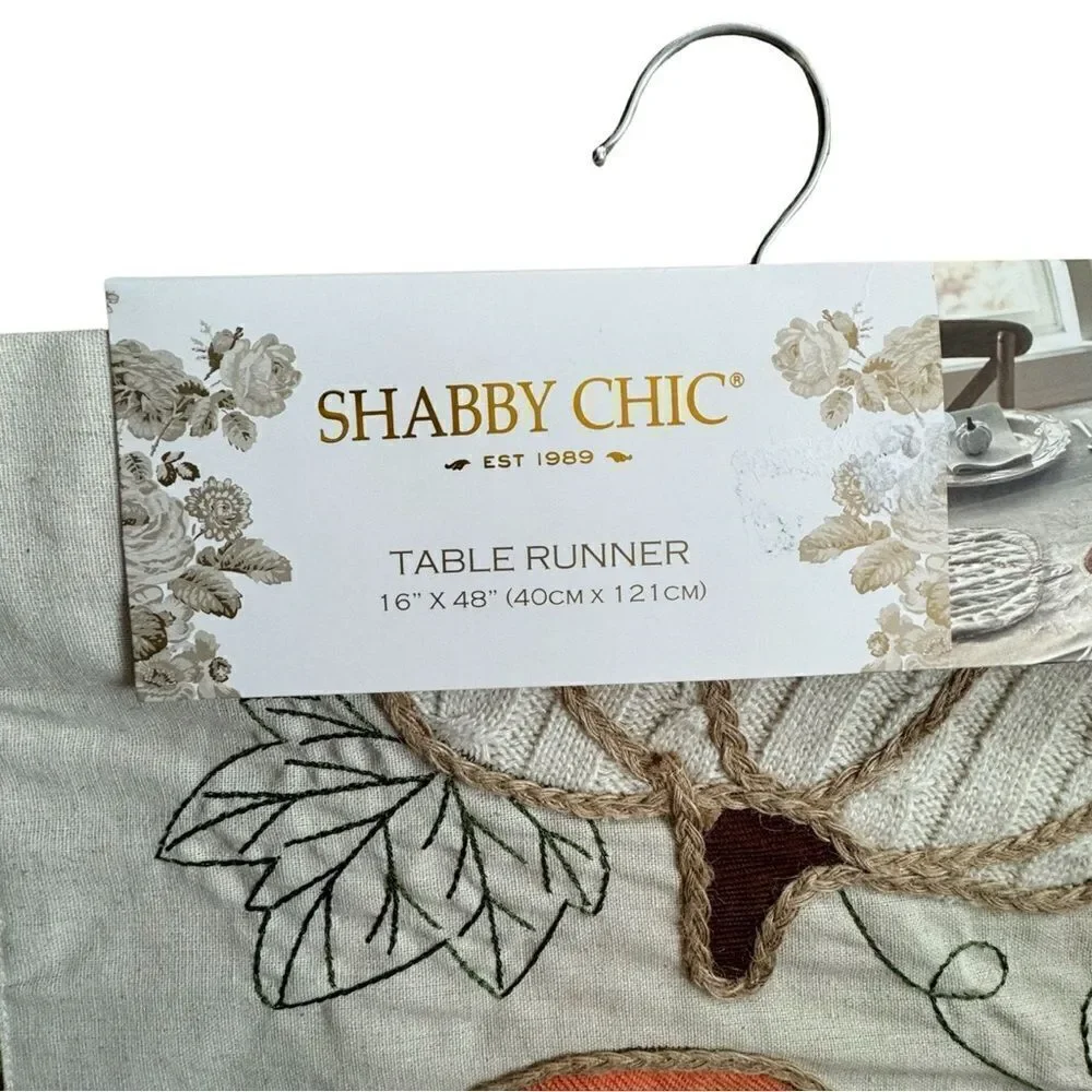 Shabby Chic Table Runner Pumpkins Appliqués & Vines Leaves Cotton 16” x 48” NWT